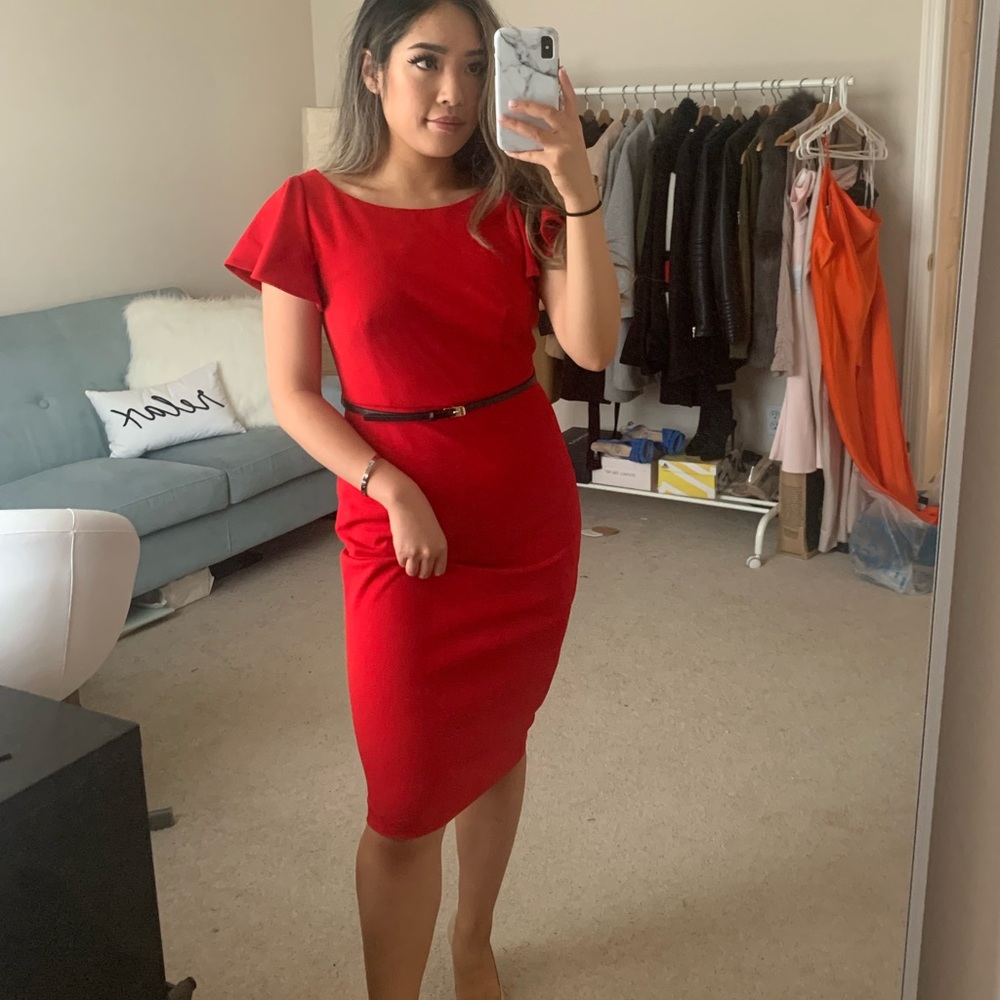 Calvin Klein Red Dress with Ruffle Sleeves